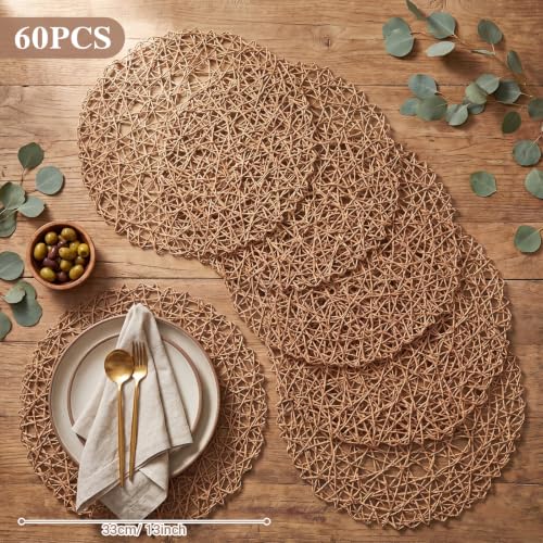 Threehoney 13 Inch Paper Braided Round Placemats Set of 60 Brown Rustic Table Decor
