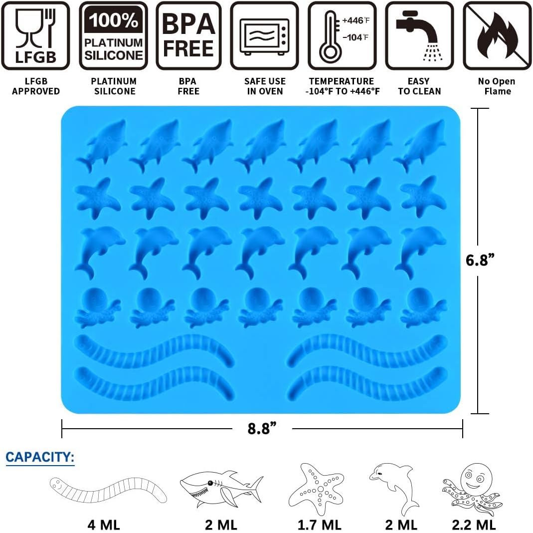 Silicone Gummy Molds - Ocean-Themed Candy Molds with Worms, Starfish, Dolphins & Sharks | Pack of 3