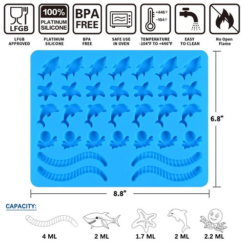 Gummy Molds Hard Candy Molds - Candy Molds Silicone Including Worms, Starfishs, Dolphins, Octopus, Sharks Sea Mold, Pack of 3 Ocean Molds