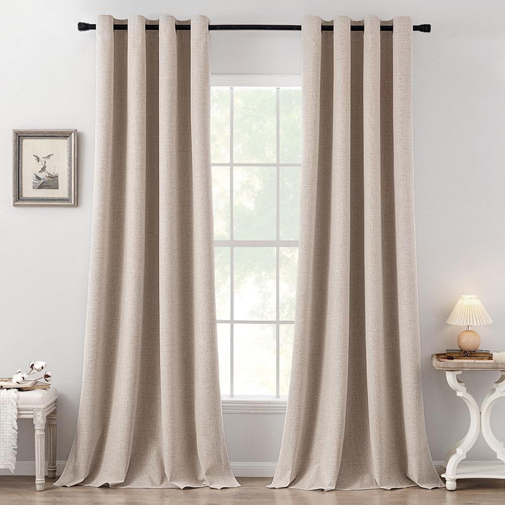 MIULEE 100% Blackout Linen Textured Curtains - Extra Long 104" Thermal Insulated Natural Beige Drapes (2 Panels)