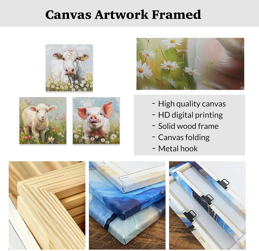 ZXHYWYM Flower Farm Animal Wall Art - Cute Lamb, Pig & Cow Canvas Prints for Kid's Room | 3-Piece Set (12"x12")