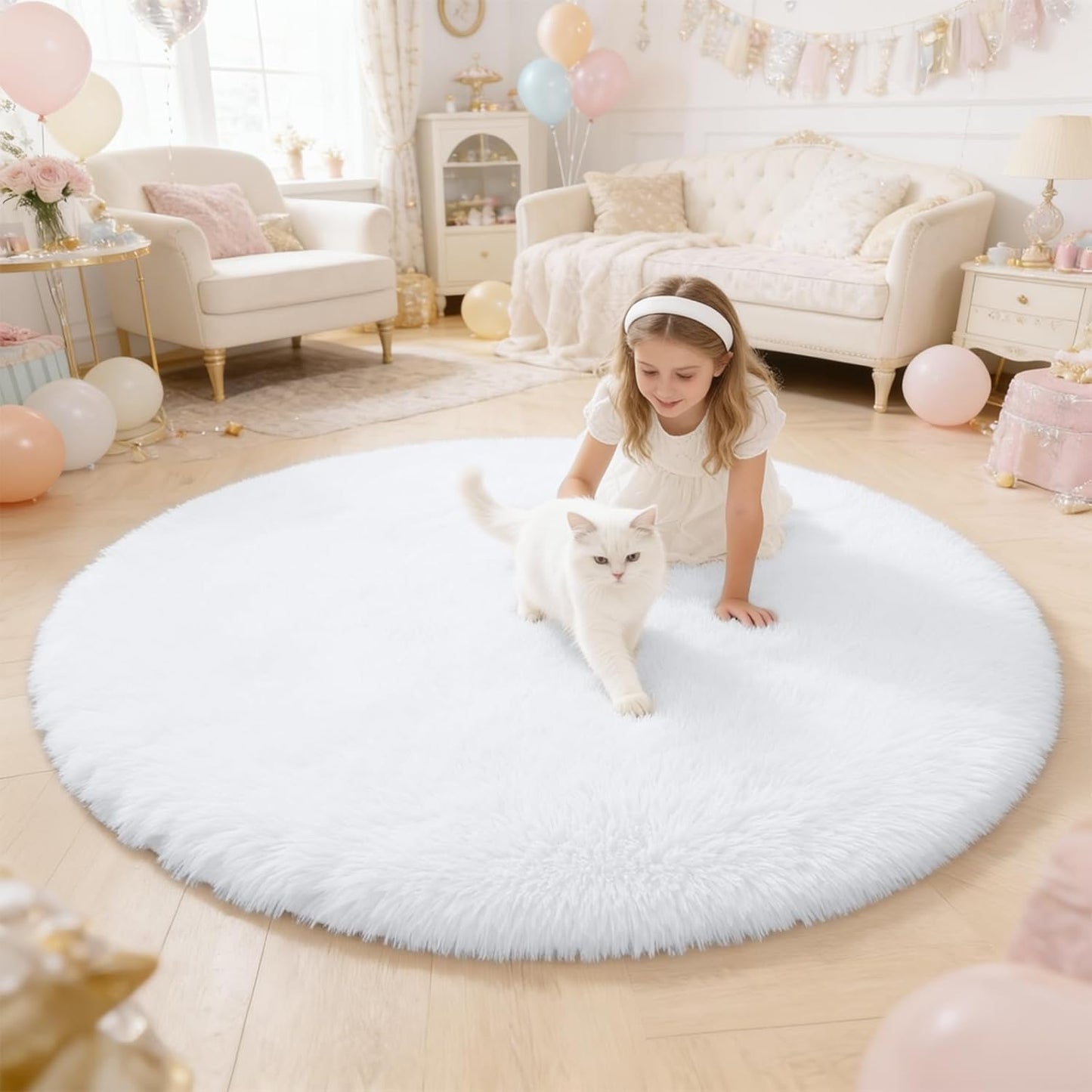 OLANLY White Round Rug - Soft, Fluffy Shaggy Area Rug, 4 ft Circle for Bedroom & Living Room Decor