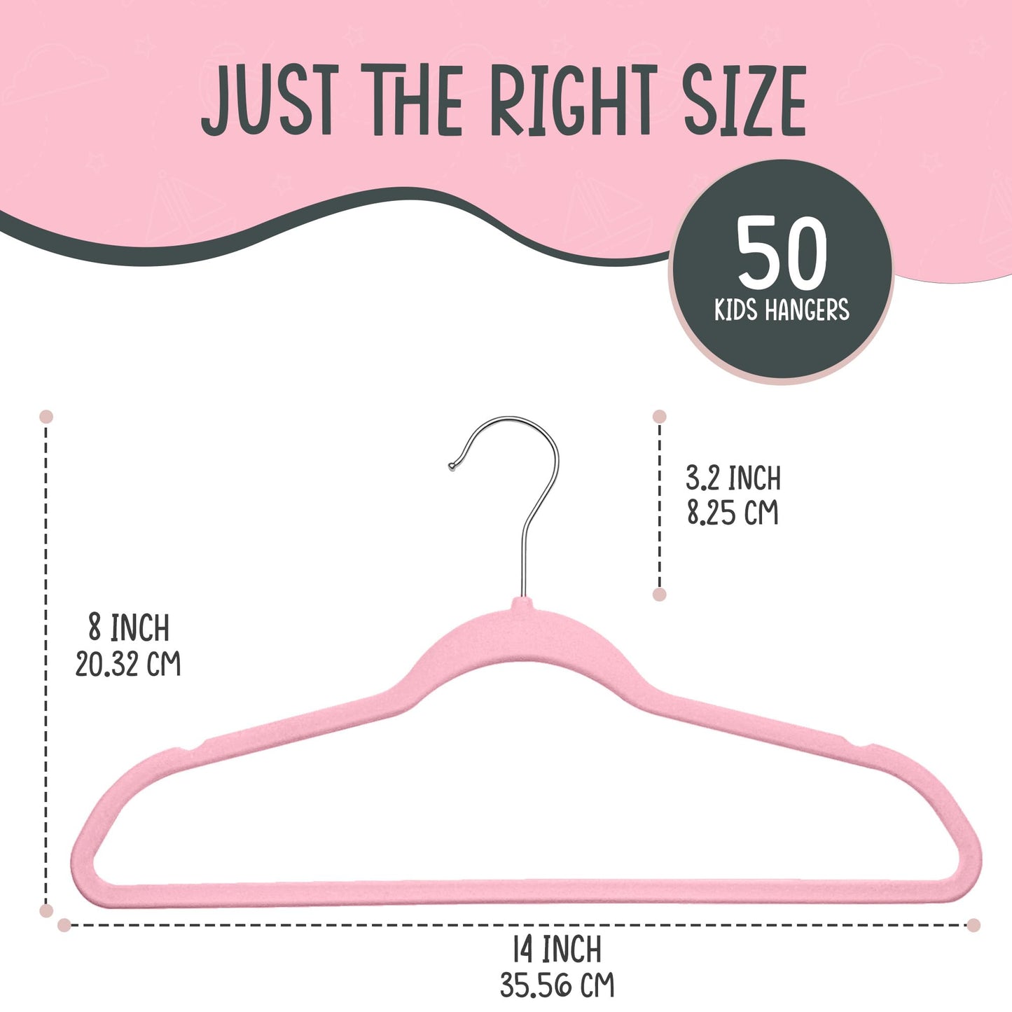 TechZoo 50 Premium Kids Velvet Hangers - 14" Non-Slip Clothes Hangers for Kids & Preteens - Ultra Slim, Space-Saving, Strong & Durable Hangers with 360° Swivel Hook - Pink