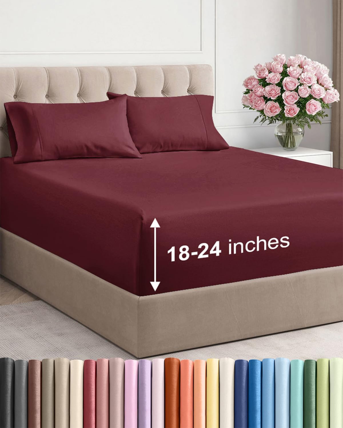 Skiennix Extra Deep Twin Sheet Set - 4-Piece Breathable Cooling Bedding - Soft, Wrinkle-Free Comfort - Burgundy