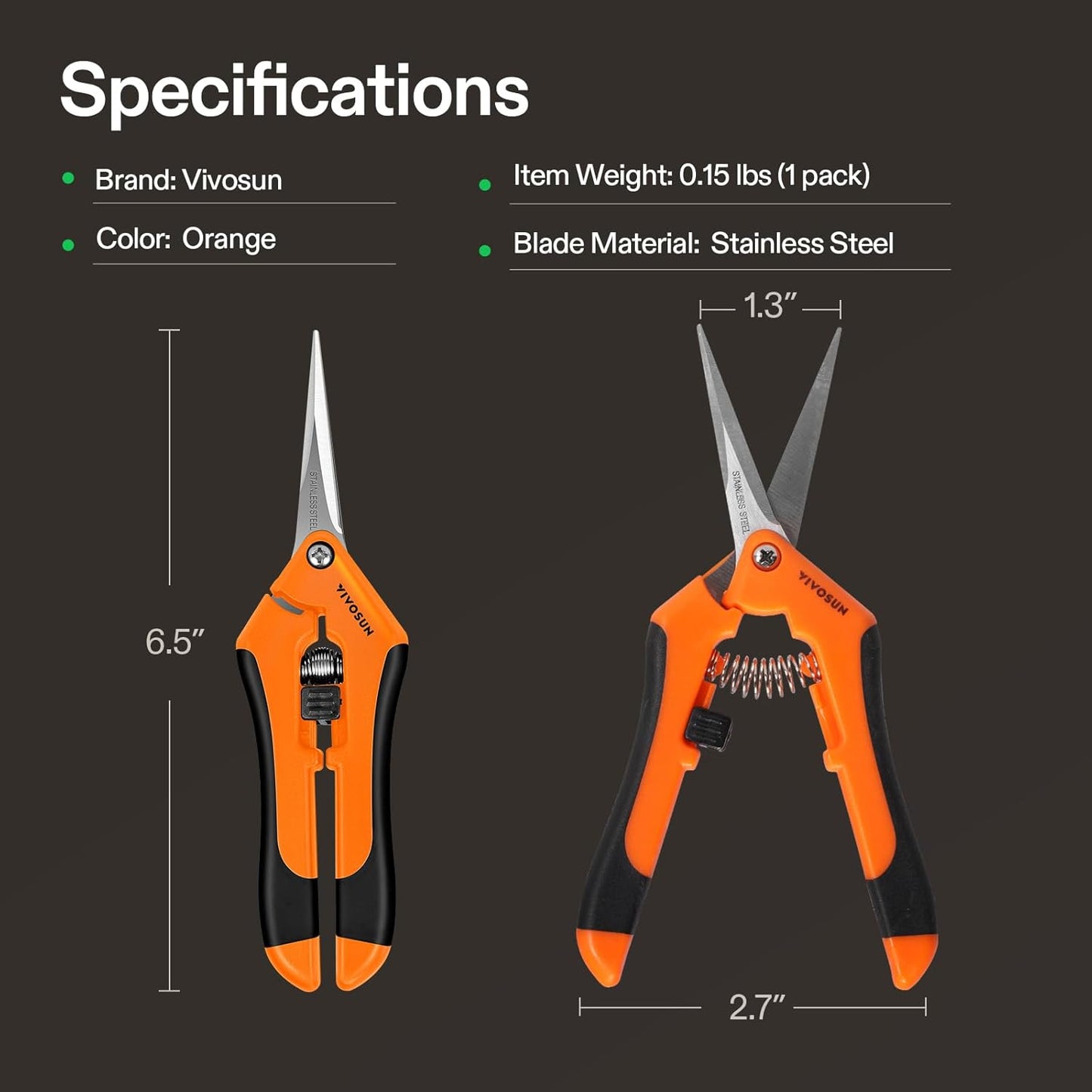 VIVOSUN Gardening Scissors - 6.5 Inch Hand Pruner with Straight Stainless Steel Blades | Orange 1-Pack