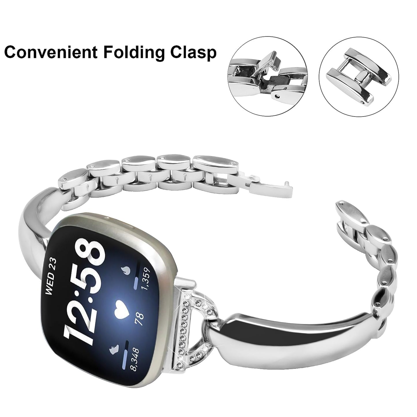 Mtozon Metal Bands Compatible with Fitbit Sense 2/Sense/Versa 4/Versa 3, Bracelet Replacement Wristband for Women, Silver