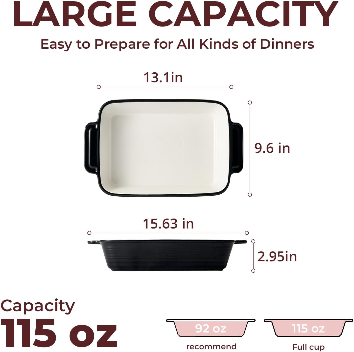 LIFVER Casserole Dish - 9x13 Ceramic Baking Dish | 115oz Large Lasagna Pan with Handles, Oven Safe, Black