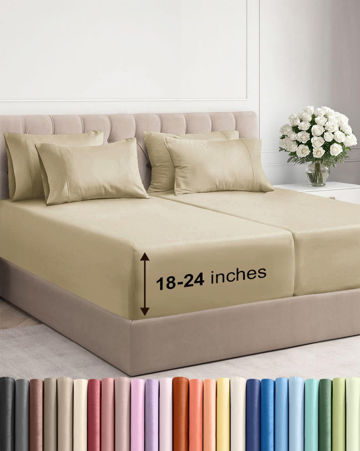 Skiennix Extra Deep Split King Sheet Set - 7 Piece Breathable Cooling Bedding - Soft, Wrinkle-Free Beige