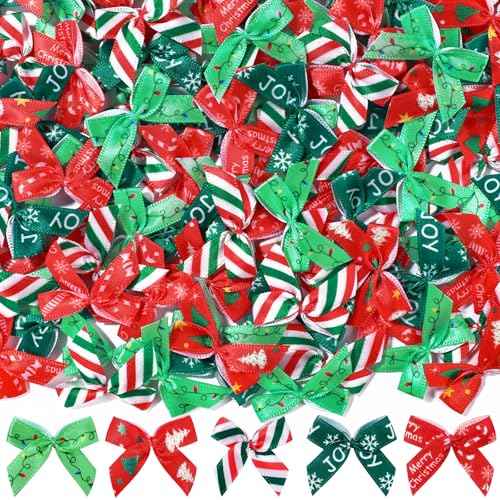 JOICEE 150 Pcs Christmas Mini Bows for Crafts, Tiny Twist Tie Bows Handmade Craft Ribbon Gift Bow with Box Stickers for DIY Sewing Gift Decorations Christmas Tree Wreath Door Garland Party Decor