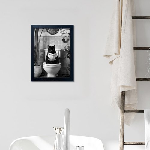 Funny Black Cat Bathroom Wall Art - Humorous Framed Canvas Print | Black and White Decor