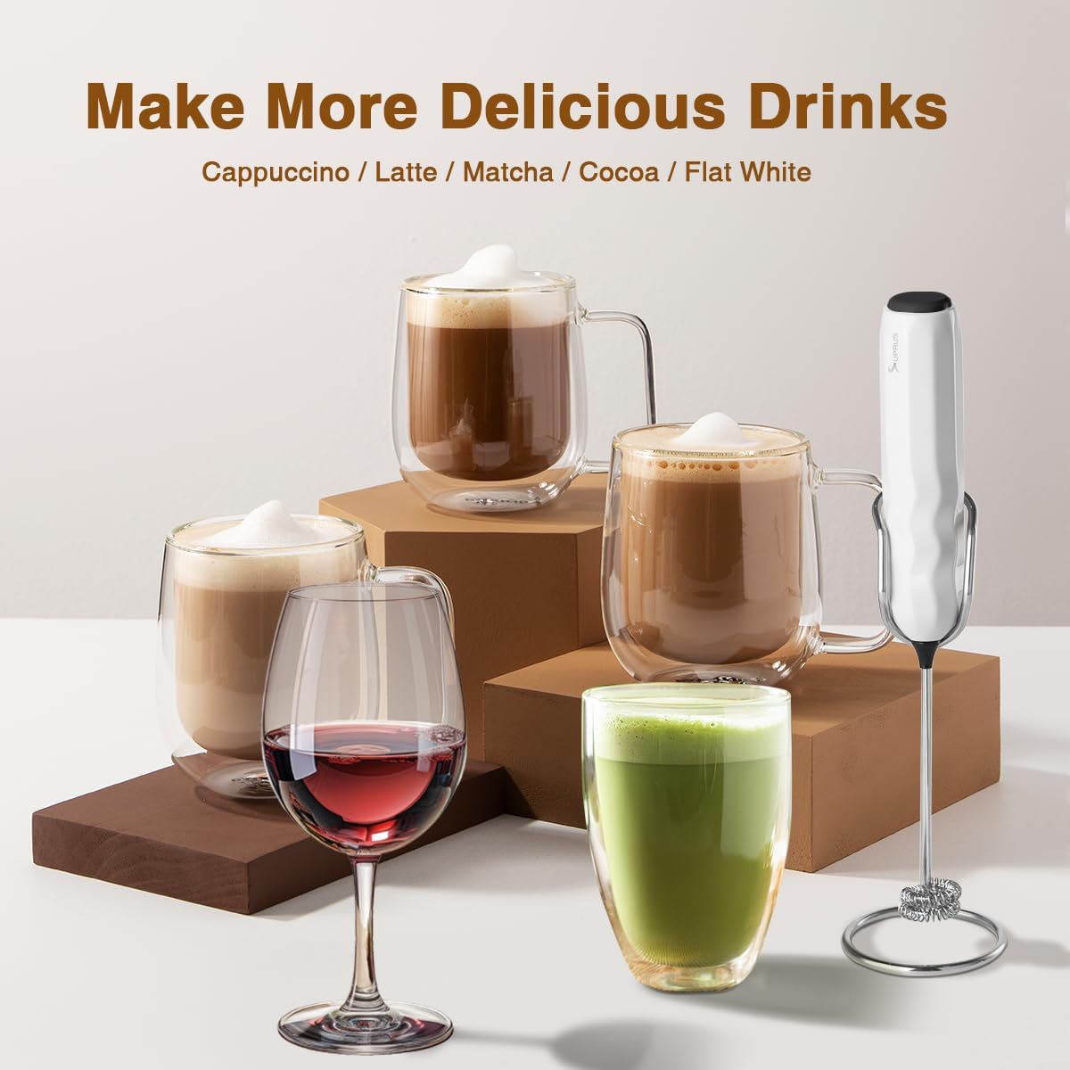 SUPRUS Ultra Fast Handheld Milk Frother - Double Whisk with Stand & 2 Batteries | Stainless Steel for Lattes, Cappuccino & Matcha