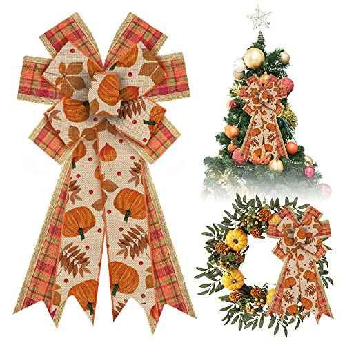 Large Fall Pumpkin Wreath Bows for Front Door, Thanksgiving Natural Burlap Orange Buffalo Plaid Autumn Pumpkin Leaves Tree Topper Bows for Wreath Fall Thanksgiving Day Decorations