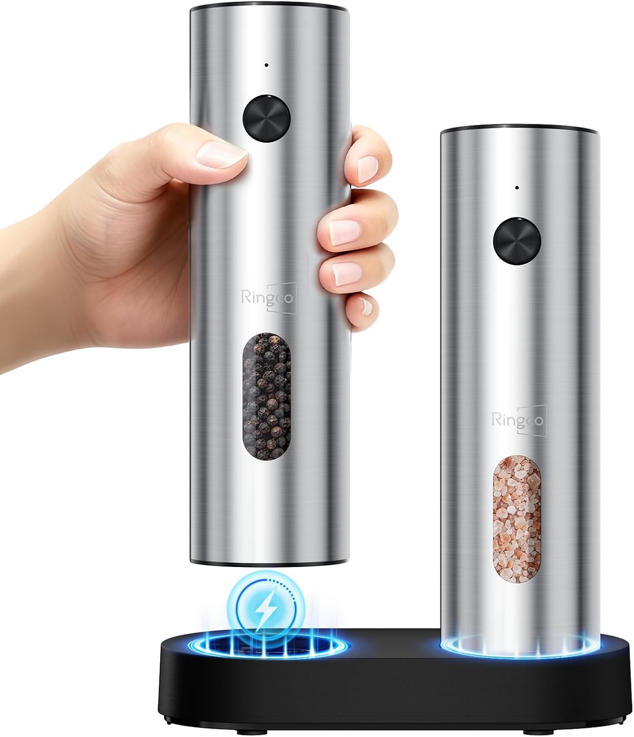 Ringco Electric Salt and Pepper Grinder Set - Rechargeable Mill with Adjustable Coarseness & LED Light | 110ml Capacity for Kitchen & Outdoor Use