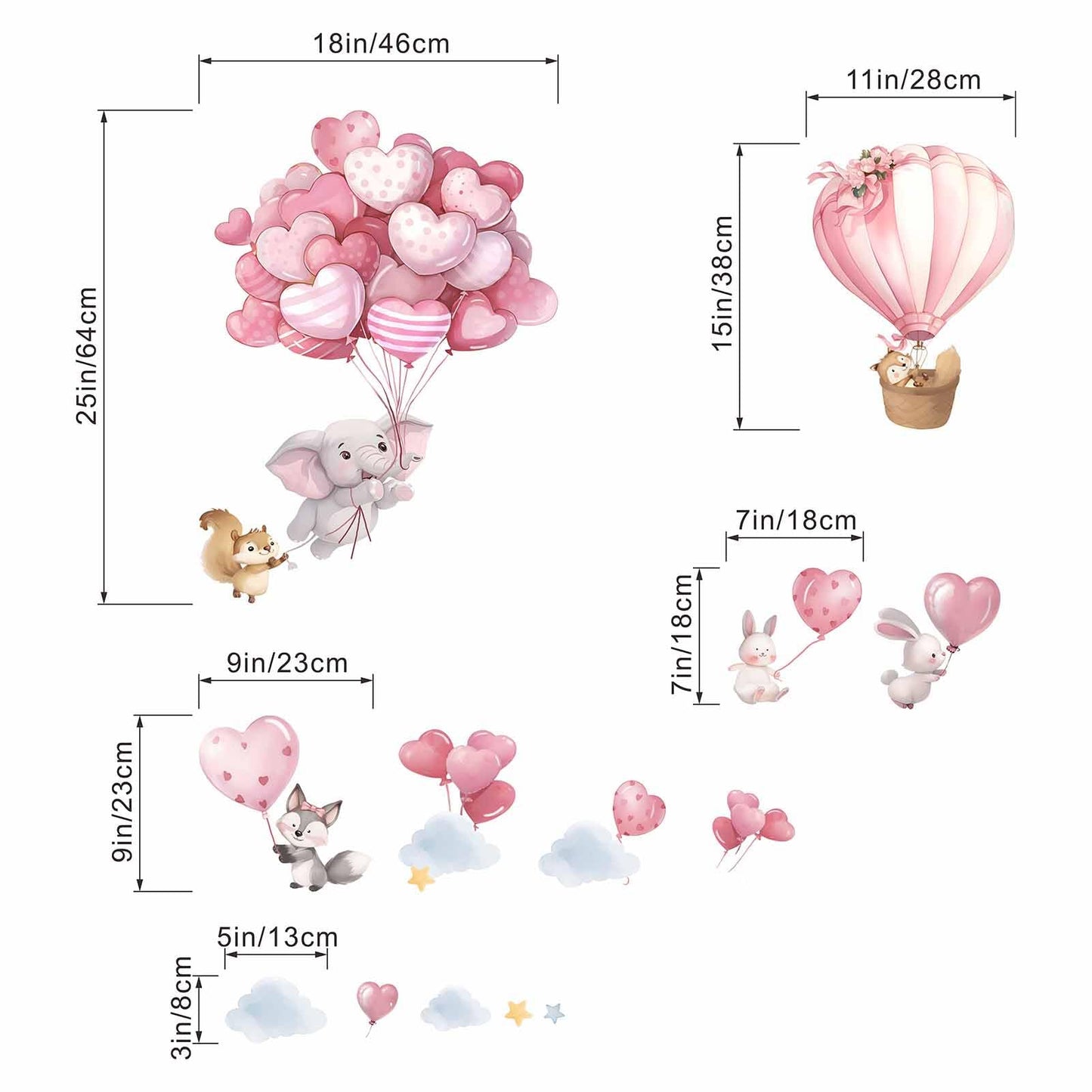 Animals Balloon Wall Stickers for Nursery: Baby Girls Kids Boys Bedroom Wall Decals - Pink Hot Air Balloon Elephant Fox