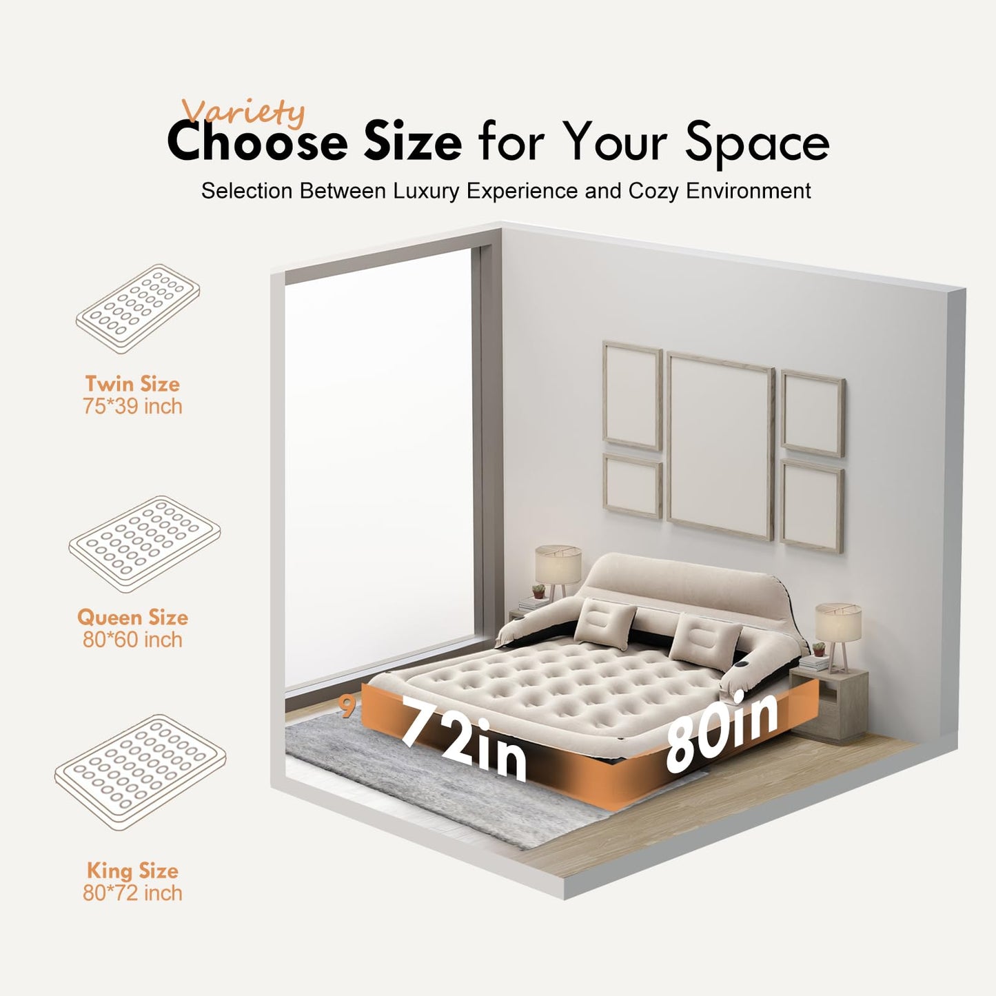 DIMAR GARDEN King Size Air Mattress with Headboard and Pillows, Inflatable Bed Blow Up Bed
