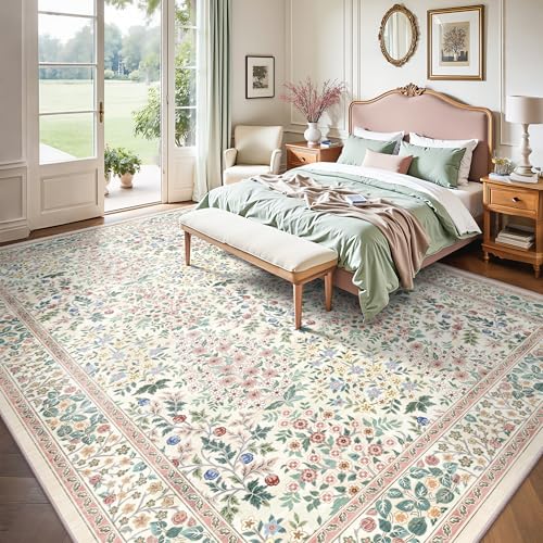 A-Pink Floral Area Rug 8x10 ft - Machine Washable Low Pile Boho Rug with Non-Slip Backing for Living Room & Bedroom