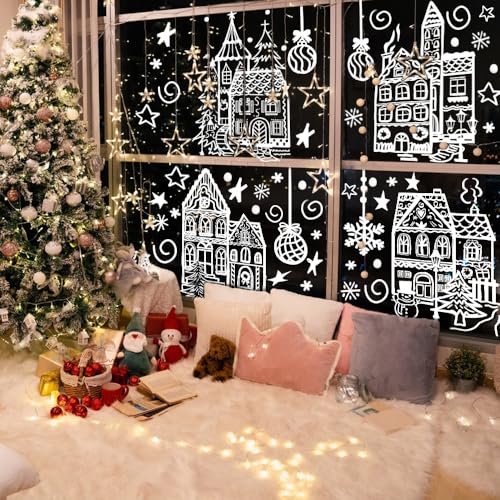 DIYDEC 15.7 * 27.5'' Large Christmas Window Stickers 4 Sheets White House Xmas Window Clings for Glass Decoration Snowman Snowflake Double-Sided Window Decals for Christmas Holiday Party Ornament
