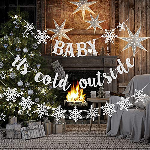 Silver Baby It's Cold Outside Banner and Snowflake Banner Garland, Winter Wonderland Baby Shower Party Decorations