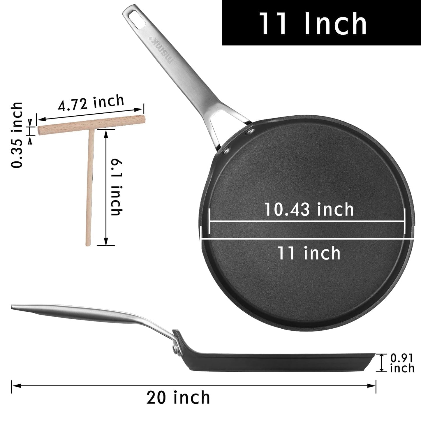 MsMk 11 inch Nonstick Crepe Pan, Titanium and Ceramic Nonstic Coating Flat Skillet Dosa Tawa Tortilla Pan, Large Pancake with Stay-Cool Handle, Induction Compatible, PFOA Free