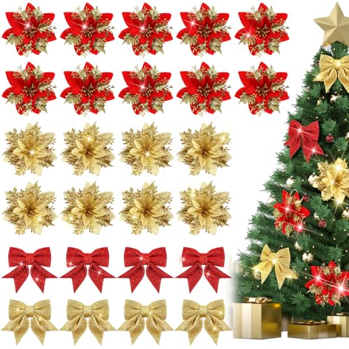 36Pcs Poinsettia Christmas Ornaments Set with Bows for Tree, Wreath & Centerpiece