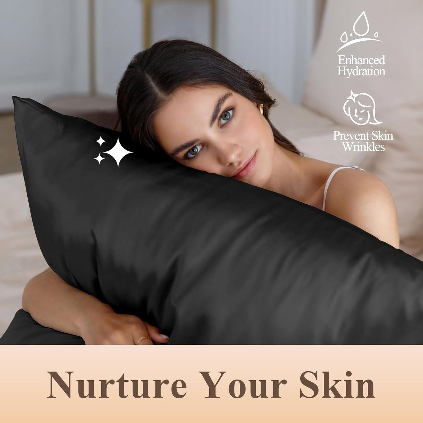 Skiennix Silk-Like Satin Pillowcase - Cooling & Smooth for Hair/Skin | Standard Size, Black, 2 Pack (20x26)