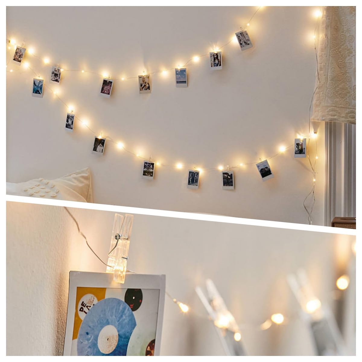 Microwear 33Ft Photo Clip String Lights,USB or Battery Powered,8 Modes 100 LED 10M Hanging String Fairy Lights with Remote,Decoration for Bedroom Christmas Wedding Décor