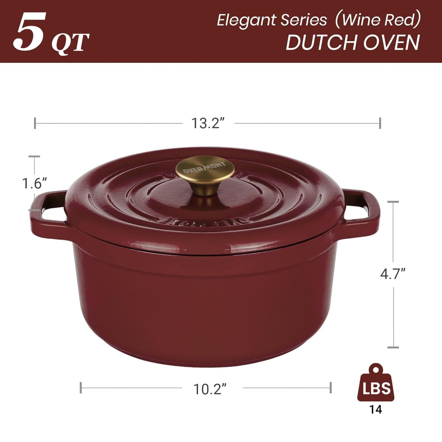 Overmont Enameled Cast Iron Dutch Oven - 5QT Pot with Lid Cookbook & Cotton Potholders - Heavy-Duty Cookware for Braising, Stews, Roasting, Sourdough Baking burgundy