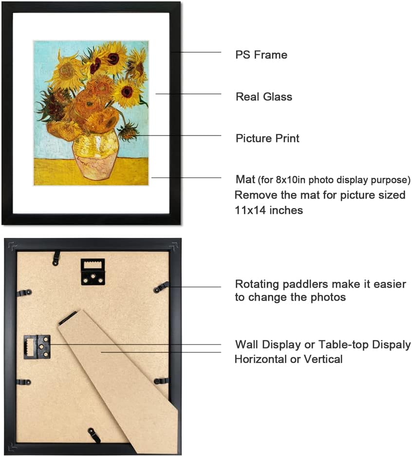 Regine Switzerland 11x14 Picture Frame Set of 6 - Real Glass for 8x10 Photos with Mat or 11x14 Without Mat | Black Wall Gallery & Tabletop Display