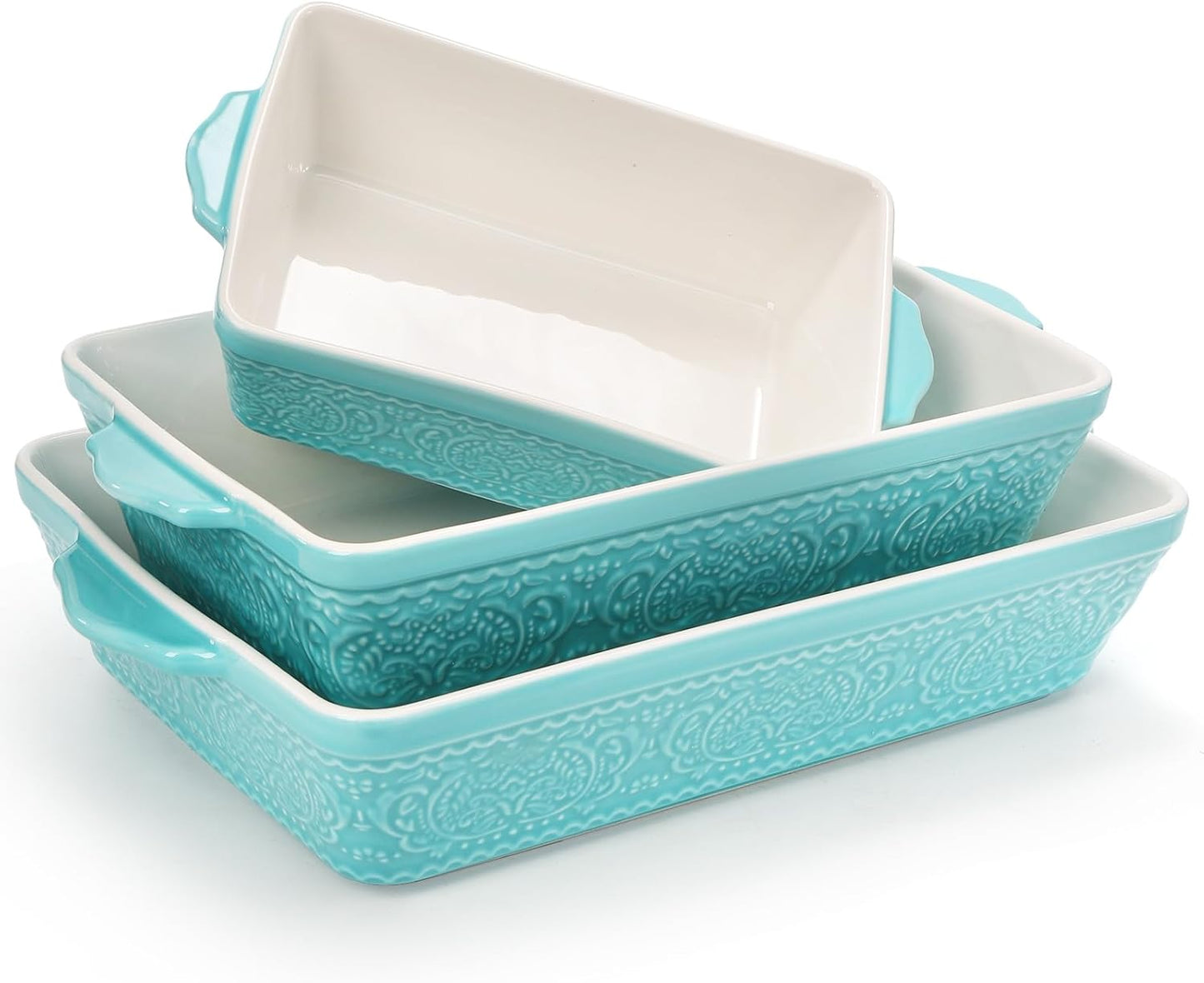 SOUJOY Ceramic Baking Dish Set - Non-Stick Rectangular Casserole Dishes with Sturdy Handles | Turquoise, Set of 3