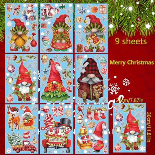 Christmas Gnome Window Clings Decals - Holiday Stickers for Home & Office - Xmas Decorations