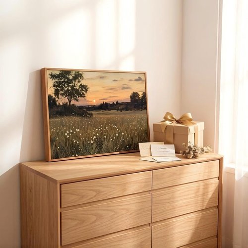 Framed Vintage Farmhouse Canvas Wall Art - Rustic Wildflower Field Landscape Painting | 16x24