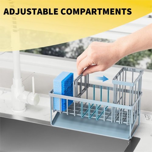 Cisily Sink Caddy Organizer - Rustproof 304 Stainless Steel with Brush & Sponge Holder | Gray Blue