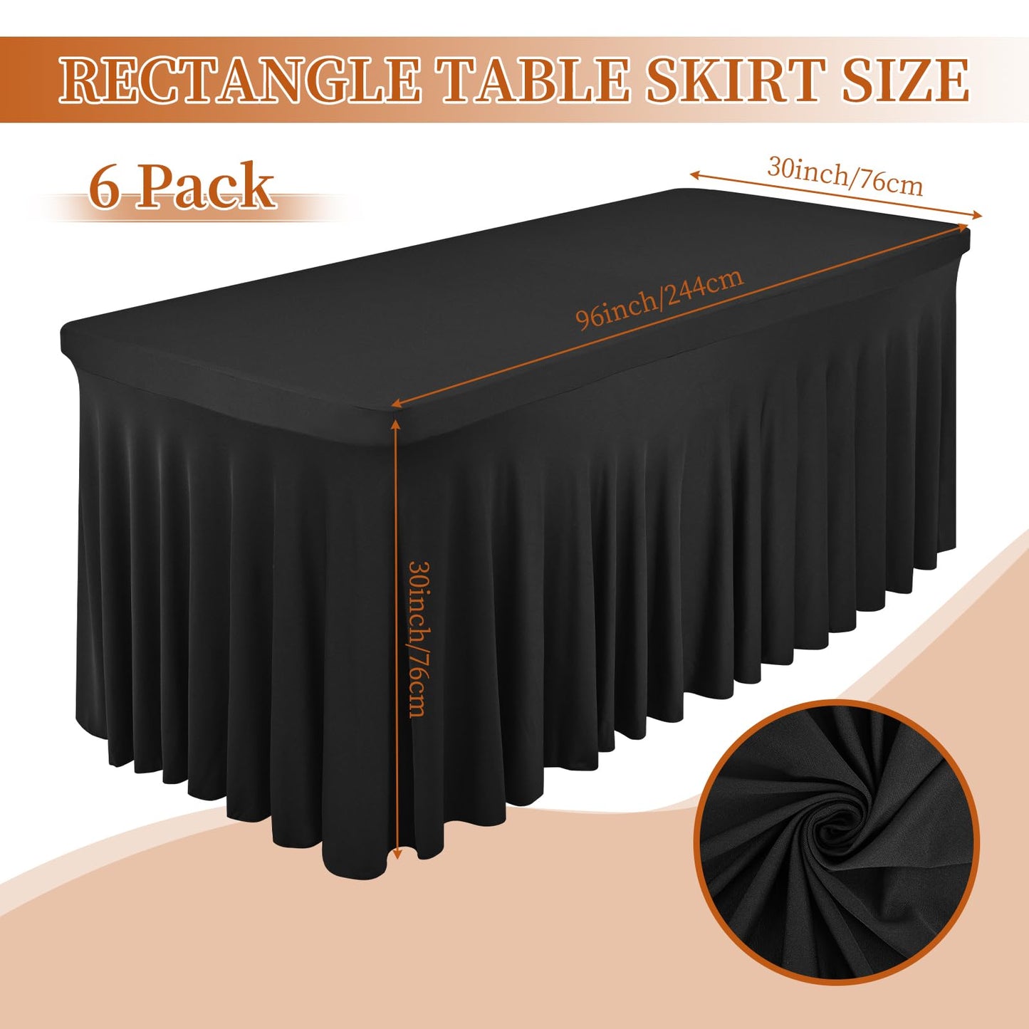 Pesonlook 6 Pack Spandex Table Skirt for 8 Ft Rectangle Tables, Black Fitted Stretch Tablecloth 30 x 96 Inch, Wrinkle Resistant Ruffle Design for Wedding Banquets, Birthday Party, Parties