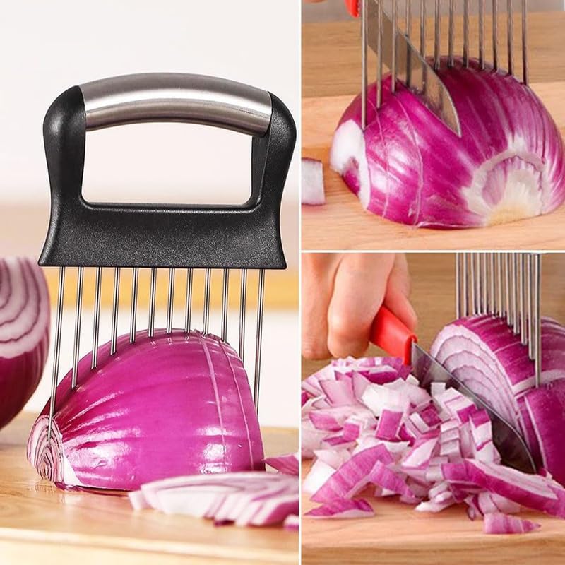 Onion Holder for Slicing, Onion Cutter Vegetable Chopper, Stainless Steel Slicer for Potato, Avocados, Eggs, Food Slicer Assistant Tool for Fruit Lemon and Meat (1)