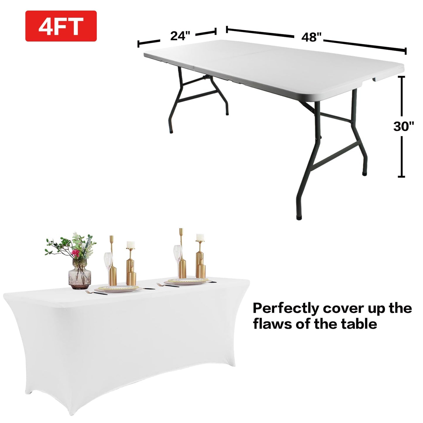 IVAPUPU 4FT Spring Table Cloth for Rectangular Fitted Events Stretch White Table Covers Washable Cover Spandex Tablecloth Protector for Party, Wedding, Cocktail, Banquet, Festival