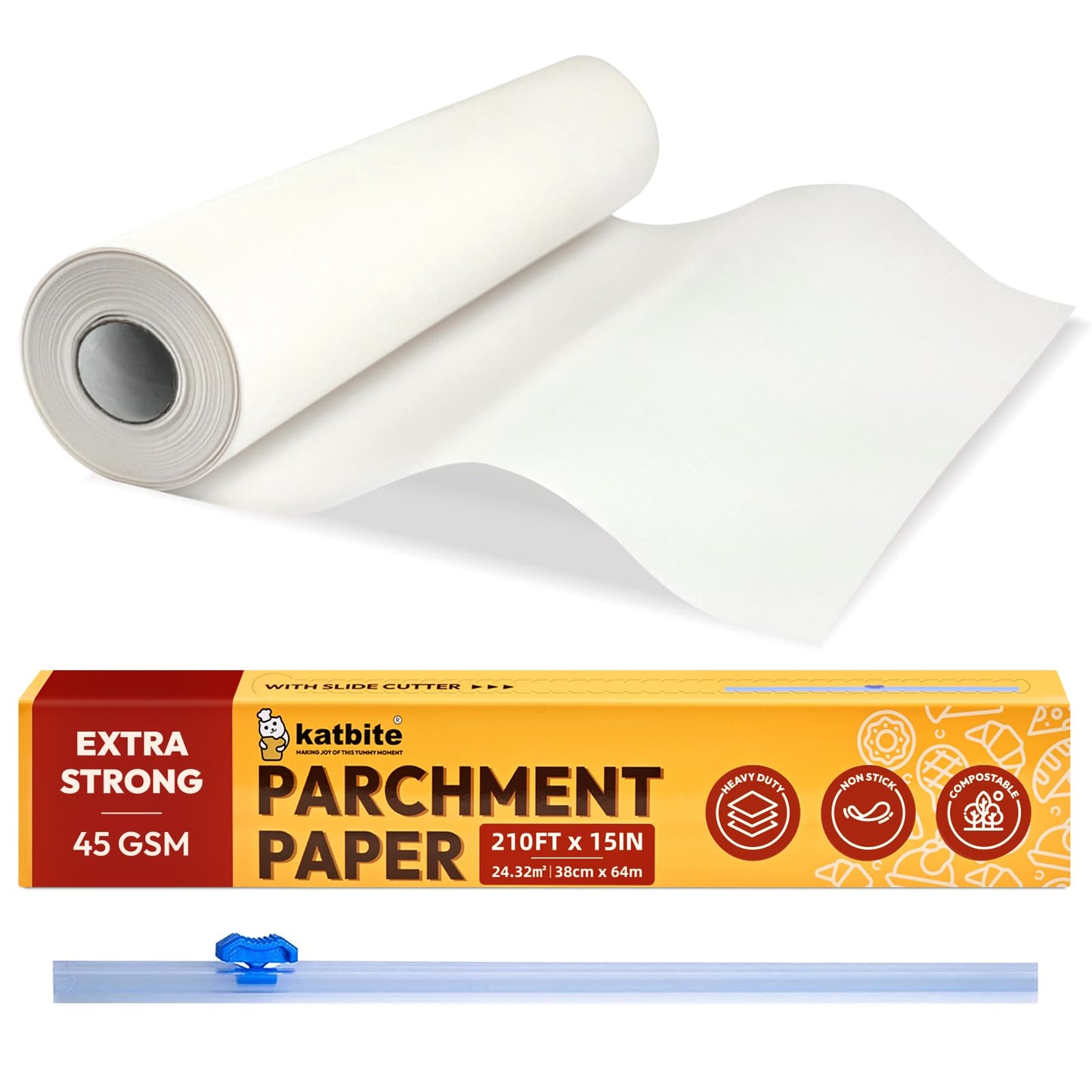 Katbite Heavy Duty Parchment Paper Roll for Baking, 15 in x 210 ft, 260 Sq.Ft Baking Paper with Slide Cutter, Easy to Cut & Non-stick Cooking Paper for Bread, Cookies, Air Fryer, Steaming, Grilling