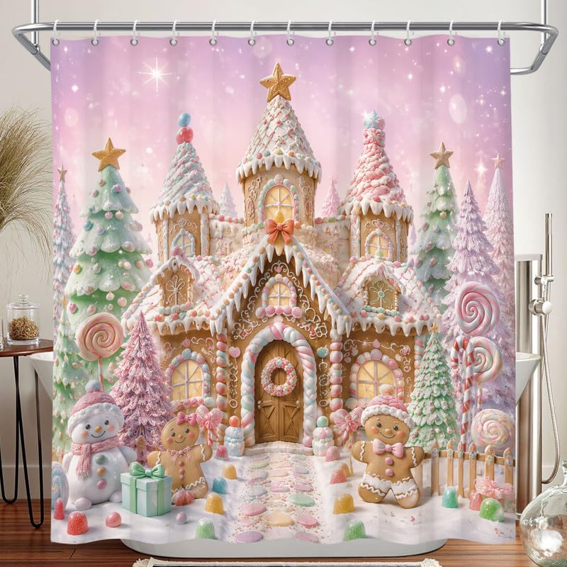 Pink Kahki Christmas Shower Curtain 72x78 Inch Winter Gingerbread House with Hooks