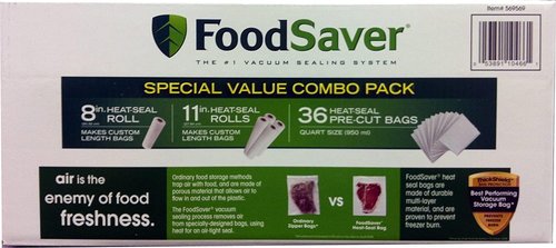 FoodSaver Vacuum Seal Combo Pack - 1-8" Roll, 4-11" Rolls & 36 Pre-Cut Bags for Freshness