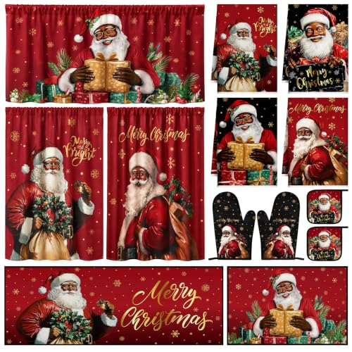 Black Santa Christmas Kitchen Decor Set - 13 pcs with Red & Black Variation