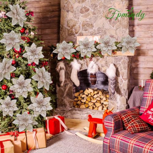Christmas Flowers, Tree Flowers 20pcs Glitter Poinsettia Champagne