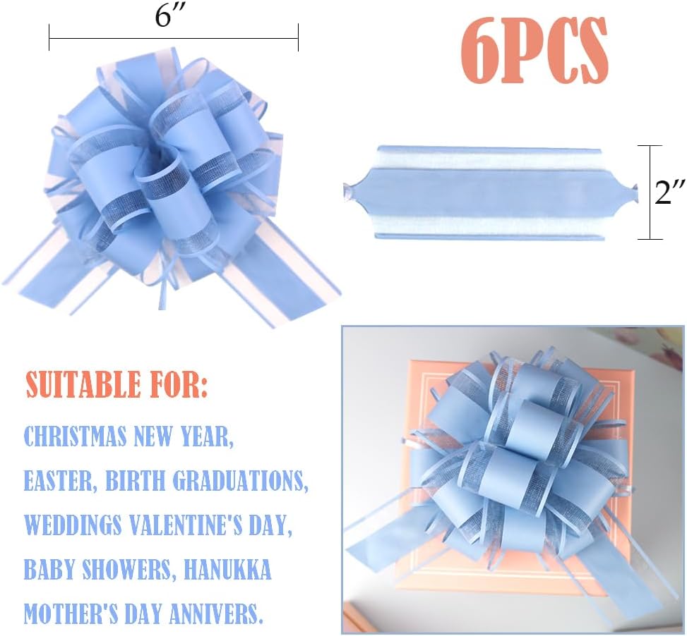 Skiennix 6-Inch Sky Blue Pull Bows - Perfect for Gift Wrapping & Flower Decorations | Set of 6