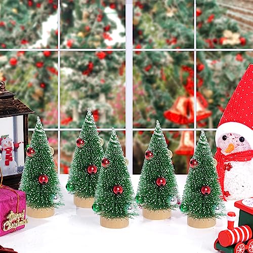 Yookat 12Pcs Mini Green Christmas Trees with Beads & Snow Frost, Sisal & Bottle Brush