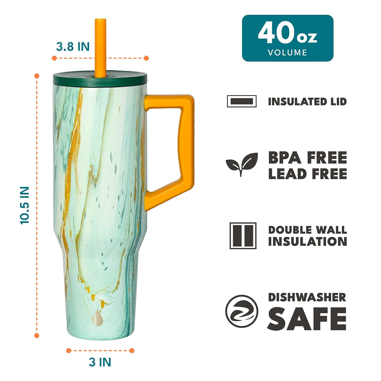 Elemental 40 oz Tumbler with Handle and Straw - Spill Proof Insulated Stainless Steel Commuter for Cold Beverages - Travel Coffee Mug with 2 Straws & Spill Proof Lid - 40oz - Aurora Glow