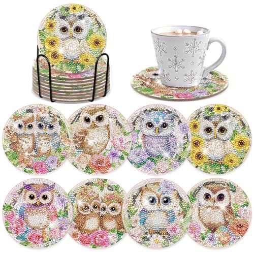 Diamond Painting Coasters Kit - 8 PCS Owl Diamond Art Kits for Adults Crafts Set for DIY Flower Coasters with Holder Table Home Decor Christmas Birthday Gift for Beginners Adult