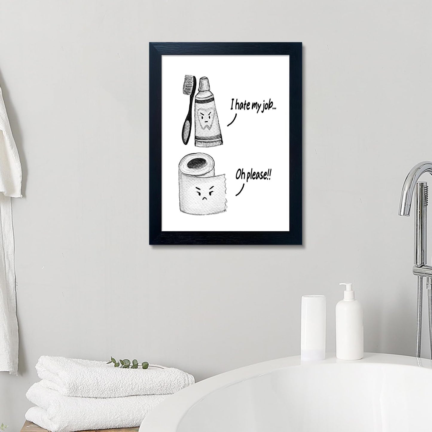 Skiennix Kids Bathroom Decor - Cute Framed Canvas Wall Art | Funny Black and White Design for Guest Restroom