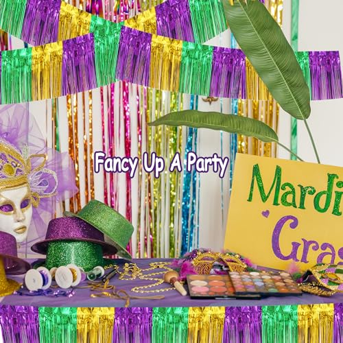 2 Pack 10 Feet Green Gold Purple Foil Fringe Garland Metallic Tinsel Streamers Banner Fringe Backdrop Banner for Parade Floats Mardi Gras Birthday Party Homecoming Decoration (Green Gold Purple)
