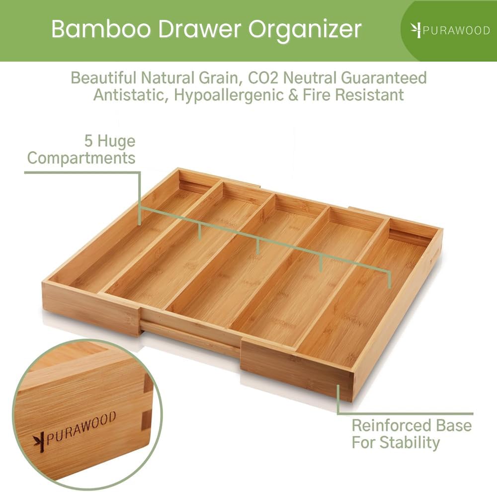 Purawood Kitchen Drawer Organizer - Expandable Bamboo Utensil & Cutlery Tray, 3-5 Slots (Natural Finish)