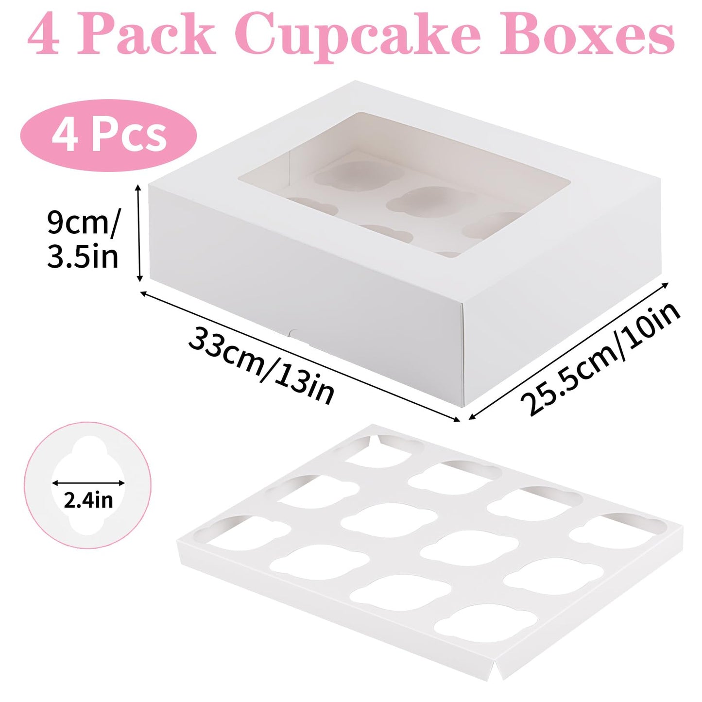 Svalor Cupcake Boxes, 4 Pack Disposable Cupcake Containers, Food Grade Cupcake Carrier 12 Count with Window and Inserts, Cupcake Transport Holders Bulk for Muffins Cookies Treats Dessert（White）