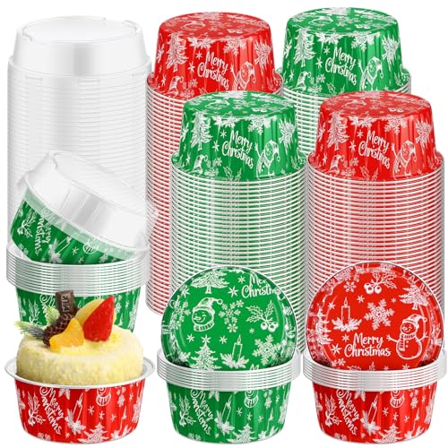 Potchen 200 Pcs Christmas Foil Baking Cups with Lids - 5oz Disposable, Classic Holiday Design