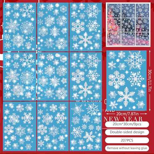 207 PCS Glitter Snowflake Window Clings, Christmas Window Clings for Glass Windows, Double Sided Reusable Christmas Window Stickers& Decals, Winter Clings for Christmas Decorations (9 Sheets)